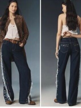 FREE PEOPLE DRIFTWOOD WESTERN FRANKIE HIGH-RICE WIDE LEG EMBROIDERED JEANS 28